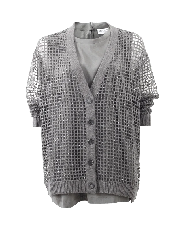 Paillette Net Cardigan With Tank Collared Crew Neck Turtle Neck