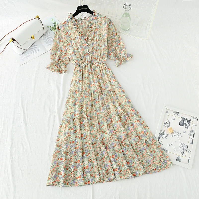 New sweet Floral Chiffon French V-neck slim fairy skirt  4872 silk skirt elegant