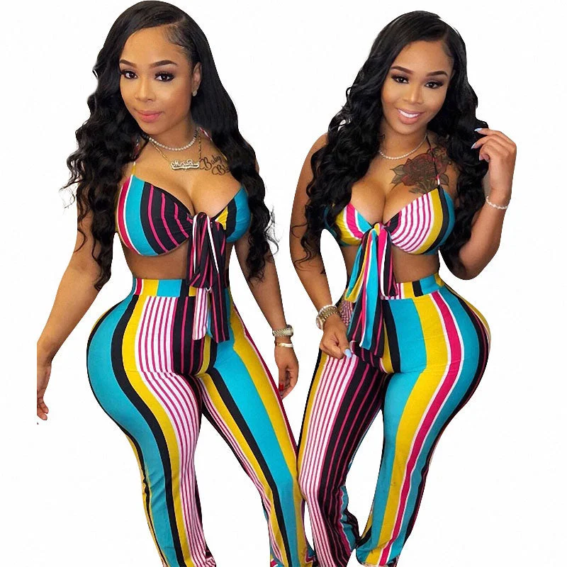 Printed Striped Halter Bra And Pants #Halter #Two Piece #Printed #Striped Comfortable Denim Trousers