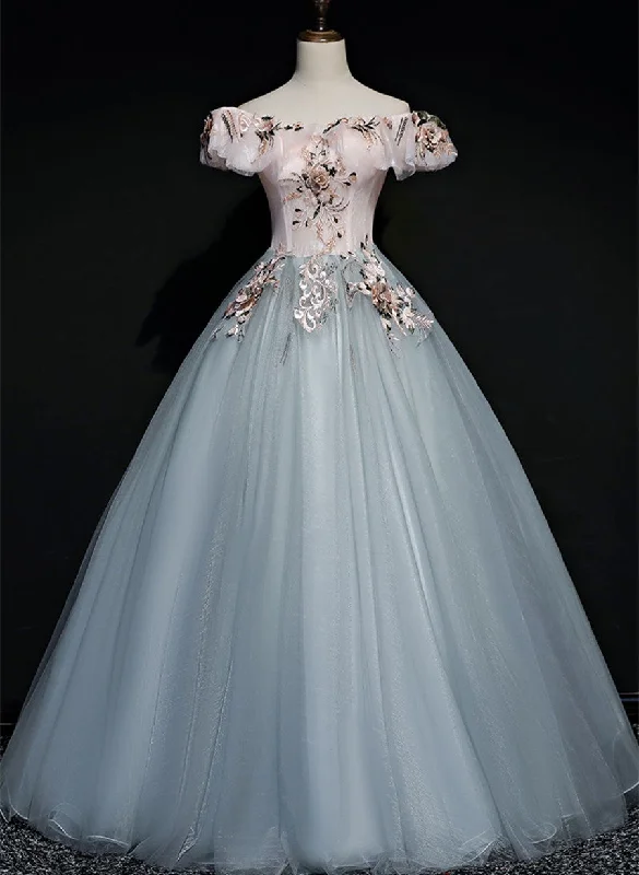 A-line Tulle with Lace Applique Off Shoulder Long Party Dress, Sweet 16 Formal Dress Tunics Corduroy durable