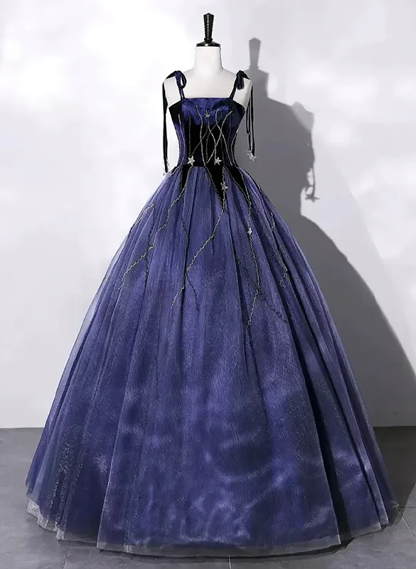 Navy Blue Tulle and Velvet Long Prom Dress, A-Line Straps Evening Party Dress Tunics Ceremony elegant