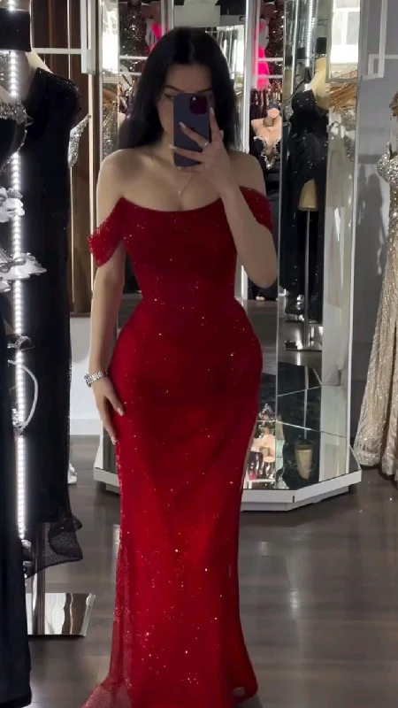 Red off Shoulder Shiny Mermaid Long Party Dress Birthday Outfits DP3964 Tunics Top rated