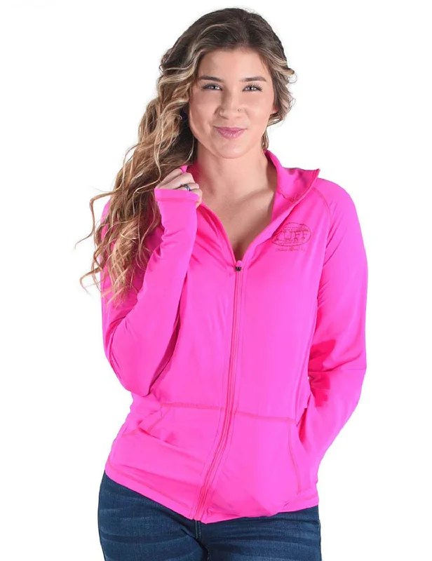 Cowgirl Tuff Womens Cooling UPF Hot Pink Nylon Softshell Jacket Denim Fabric Leather Fabric Suede Fabric