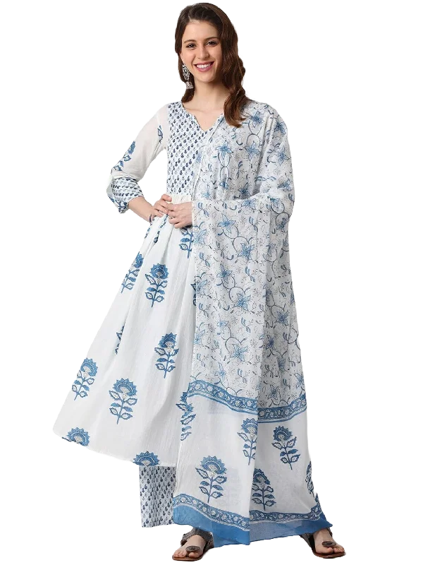 Women's White Printed Pure Cotton Kurta, Pant And Dupatta Set - Alvami Classic Chino Pants