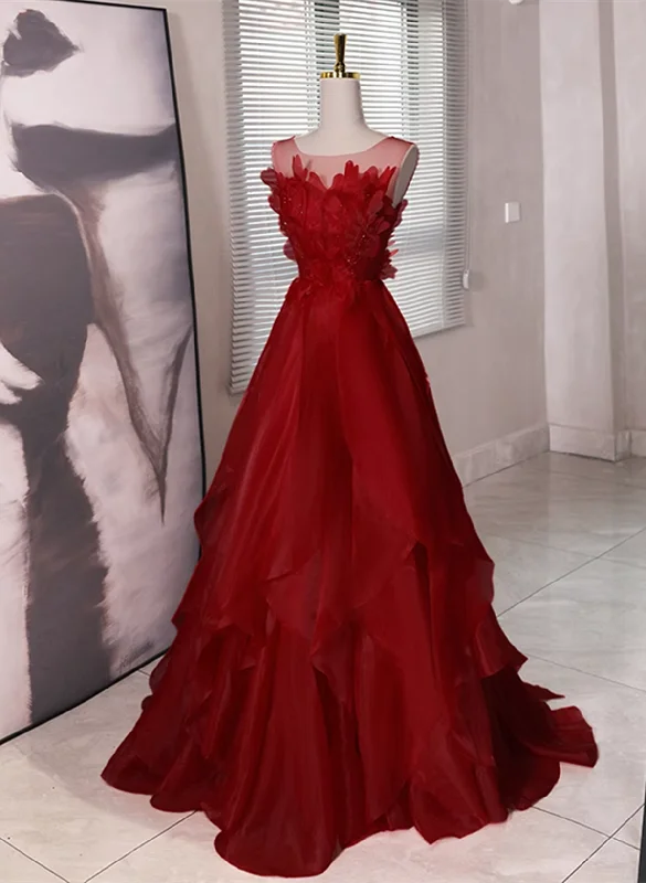 Wine Red Round Neckline A-line Beaded Party Dress, Wine Red Long Prom Dress Tunics Custom made