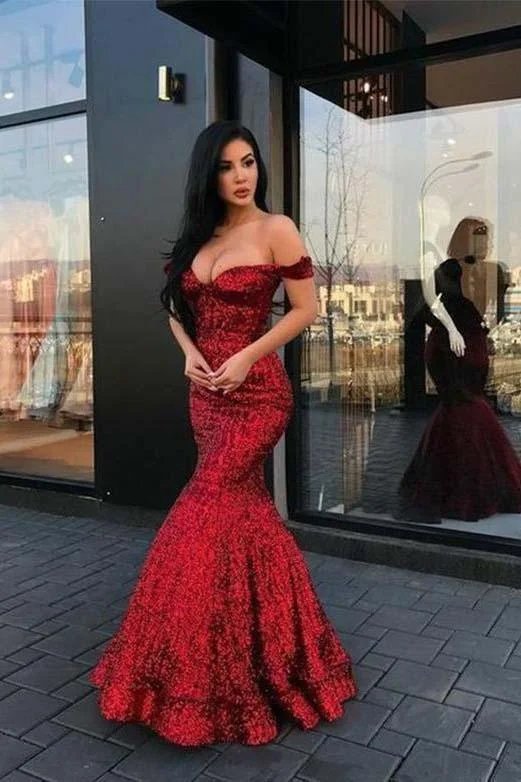 Red Mermaid Long V Neck Prom Dresses Off the Shoulder Evening Party Dresses WK472 Tunics Handmade artisanal