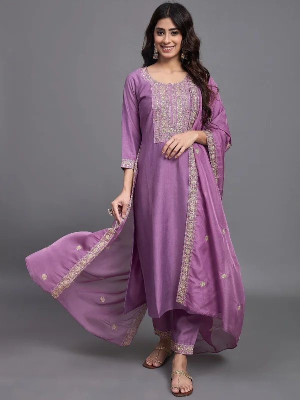 Women's Pink Silk Embroidered Kurta And Pant Set With Dupatta - Alvami Wide-Legged Palazzos