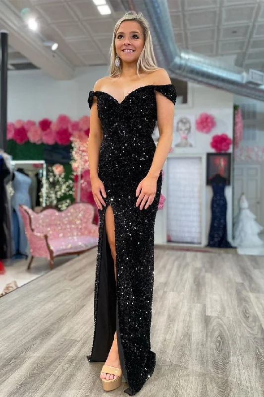 Off-The-Shoulder Black Mermaid Sequins Hight Slit Prom Gown Party Dress,DP342 A-Line Day Work
