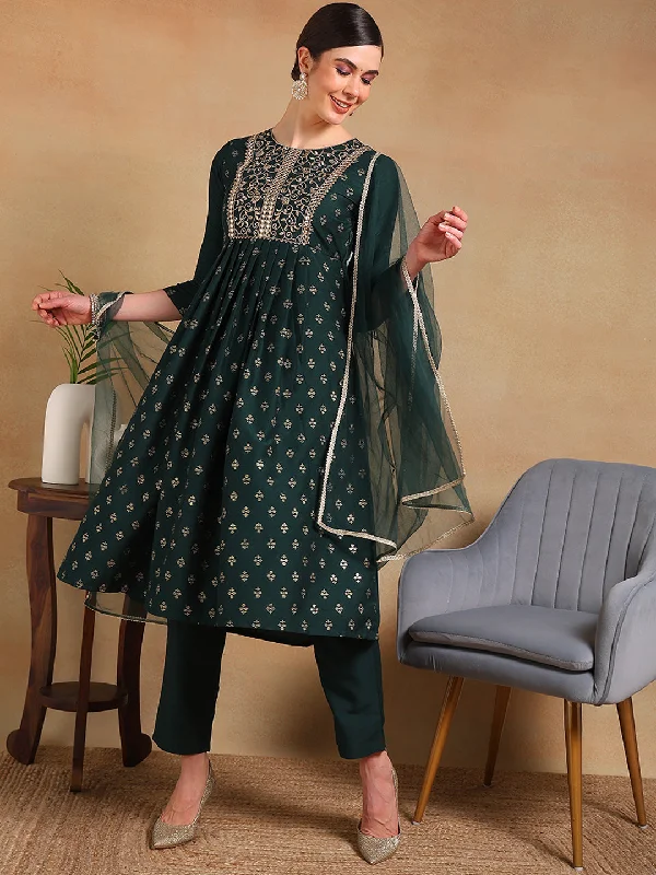 Women's Green Silk Blend Woven Design A-Line Kurta Pant Set With Dupatta - Ahika Comfy Cargo Trousers