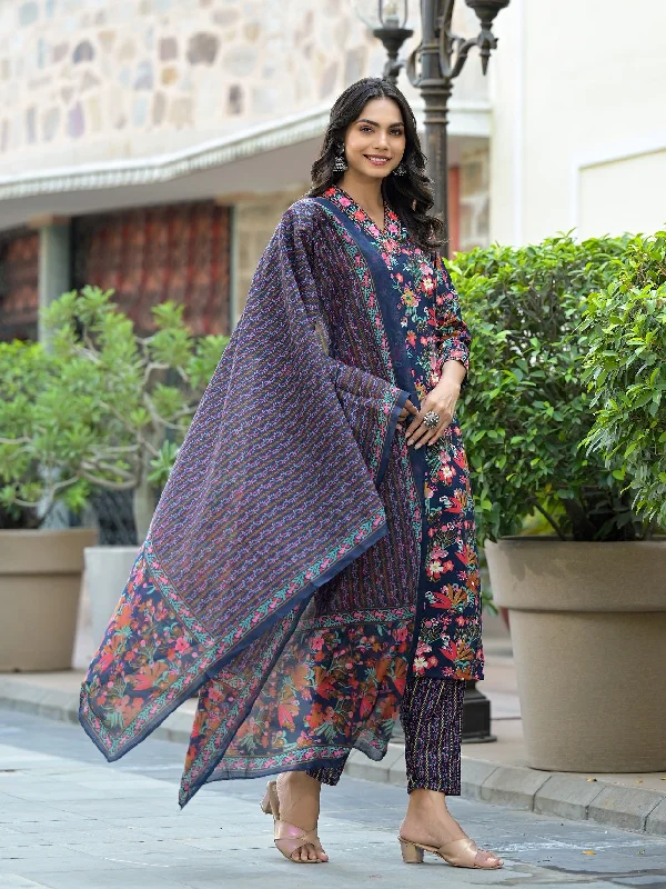 Women's Navy Blue Flower Printed Kurta With Pant And Duppata Set - Dwija Fashion Trendy Printed Leggings