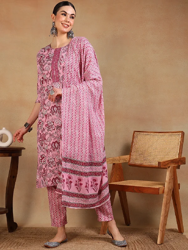 Women's Pink Cotton Blend Printed Straight Kurta Pant Set With Dupatta - Ahika Formal Linen Trousers