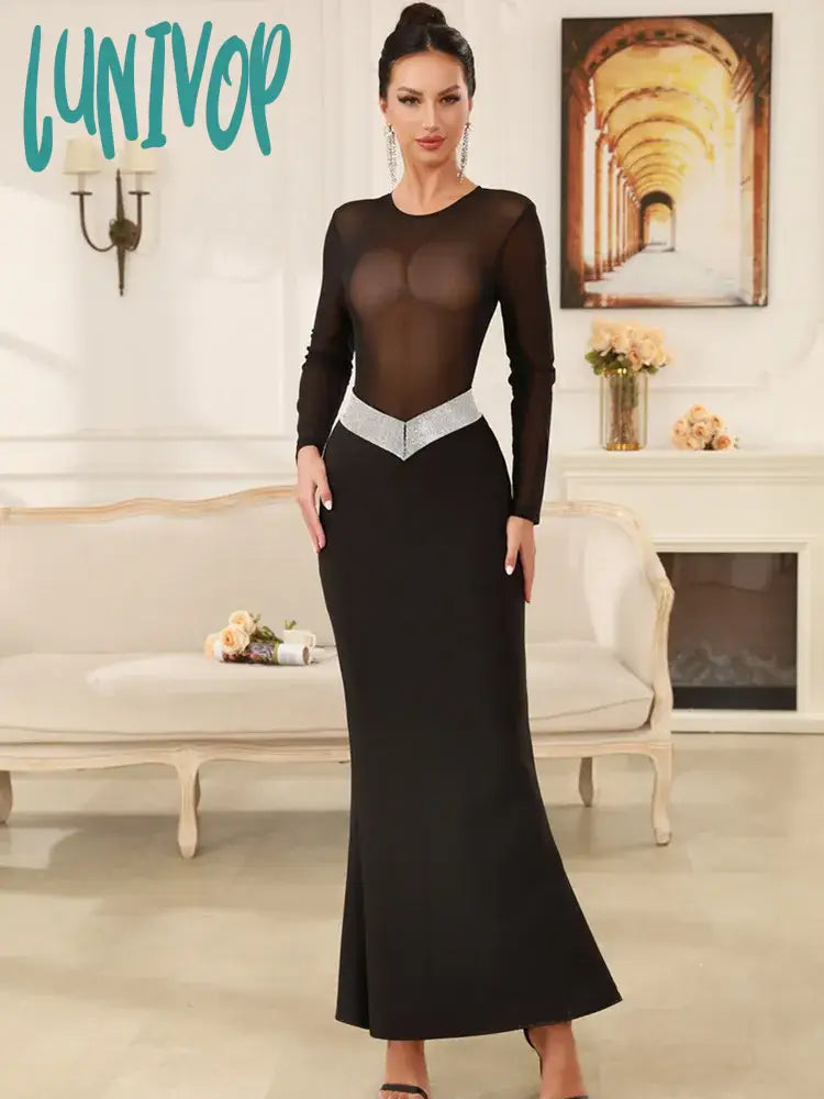 Lunivop New Women Celebrity Sexy Long Sleeve Turtleneck Mesh Black Maxi Long Bandage Dress 2024 Knitted Elegant Evening Club Party Dress sweetheart Neckline Romantic