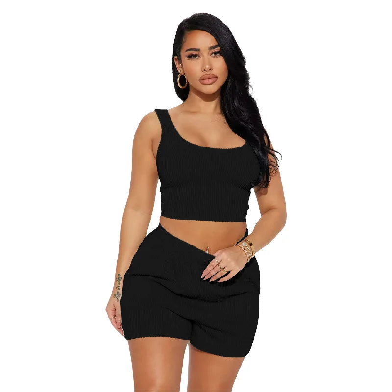 Women'S Fashion Casual Solid Color Tank Top And Shorts Two-Piece Riib-Knit Sports Set relaxed fit tank