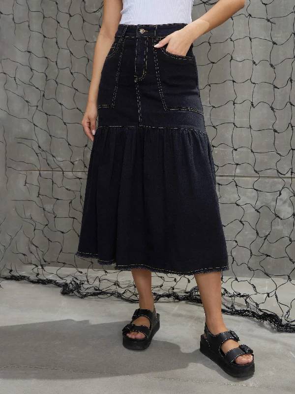 Women Black Denim Flared Midi Skirt lightweight skirt design