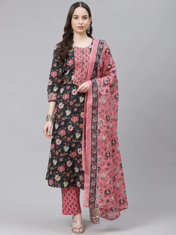 Women's Cotton Blend Printed Kurta Pant Dupatta Set - Ahika Casual Wide Pants