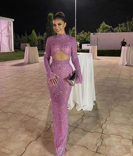 Dusty Purple Long Sleeves Mermaid Long Prom Dress Party Dress with Beaded and Sequins,DP536 Off-the-shoulder Bohemian Festive