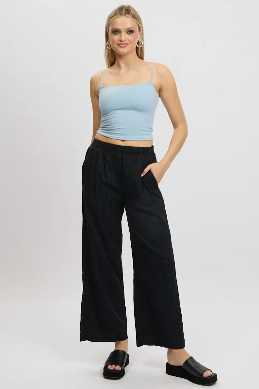Black Wide Leg Pants Elasticated Waist Trendy Tapered Pants