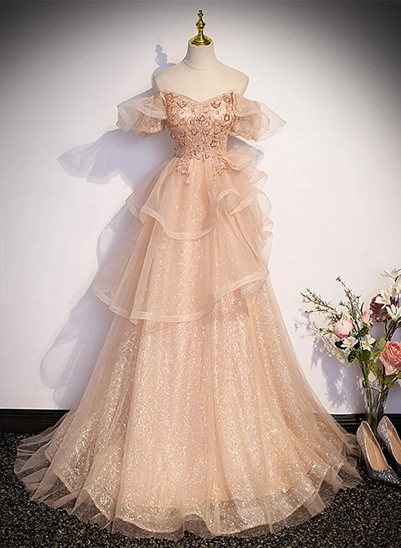 Pink Shiny Tulle Sweetheart Long Layers Party Dress, A-line Pink Tulle Formal Dress Prom Dress Chiffon Maxi Beach