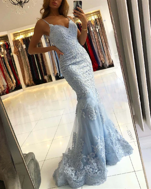 Light Blue Straps Tulle Appliques Mermaid Long Party Dress,DP1767 Tunics Leisure comfortable