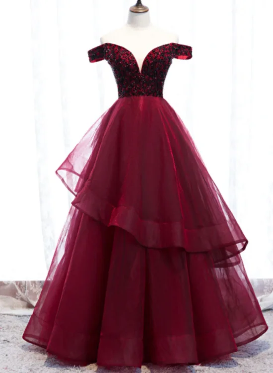 Gorgeous Tulle Wine Red Off Shoulder Party Dress with Lace, Beaded Tulle Evening Dresses Tunics Handmade artisanal