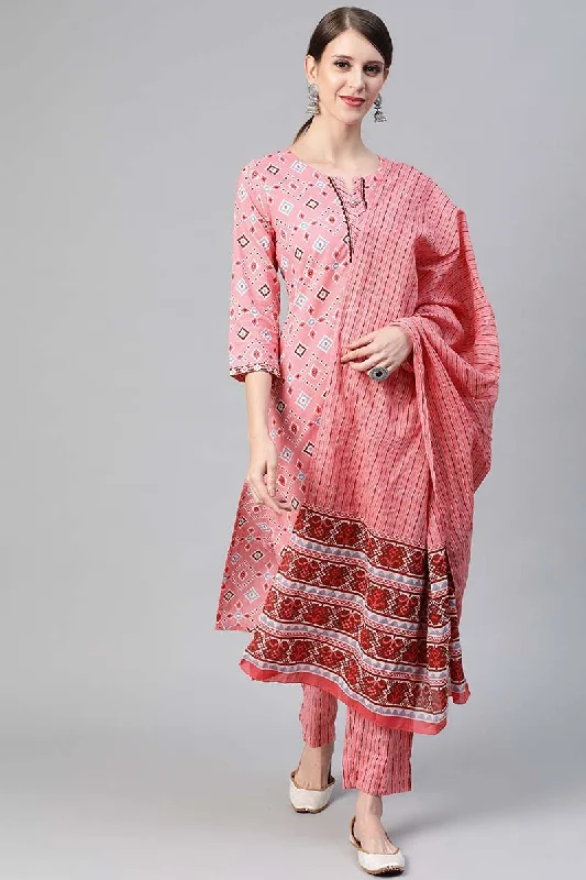 Women's Cotton Printed Kurta Pant Dupatta Set - Ahika Formal Wide-Leg Pants