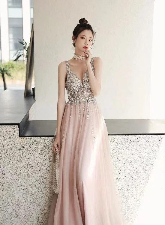 Pink Sequins V Back Beaded and Sequins A-line Tulle Party Dress, Pink Prom Dress Evening Dress Tunics Formal black