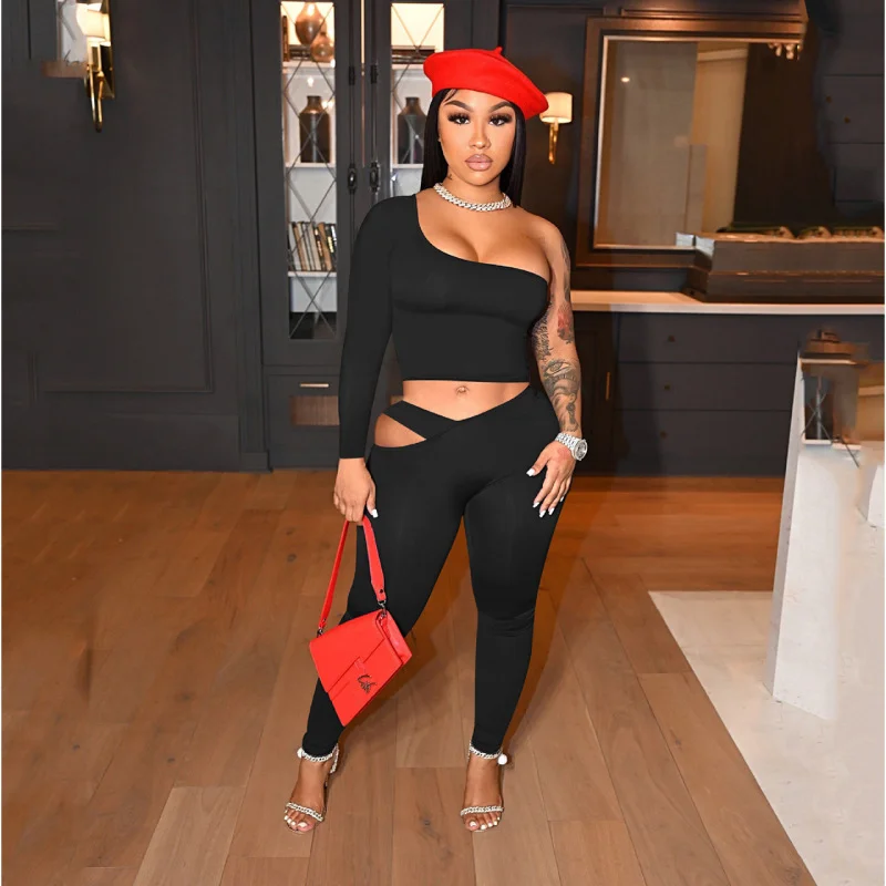 Women Solid Color One Shoulder Top And Cutout Pants Fashionable Casual Two-Piece Set Comfortable Maternity Pants