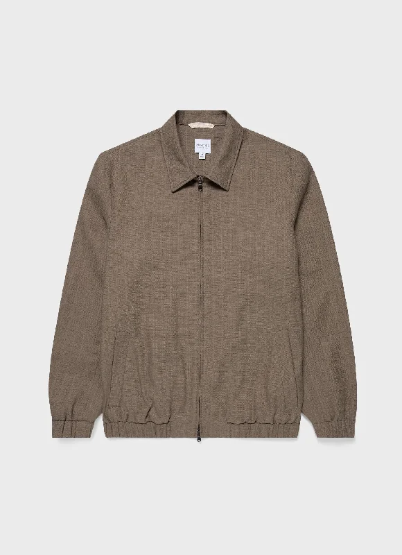 Men's Cotton Raffia Blouson Jacket in Dark Stone Herringbone Jacket Checkered Jacket Solid Jacket