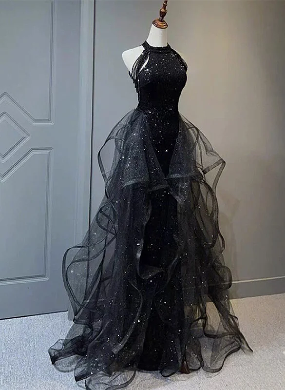 Black Halter Shiny Tulle Long Party Dress with Beadings, Black Tulle Prom Dress Tunics Sophisticated sleek