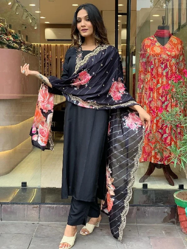 Women's Black Viscose Printed Kurta And Pant Set With Dupatta - Alvami Comfy Zip-Up Pants