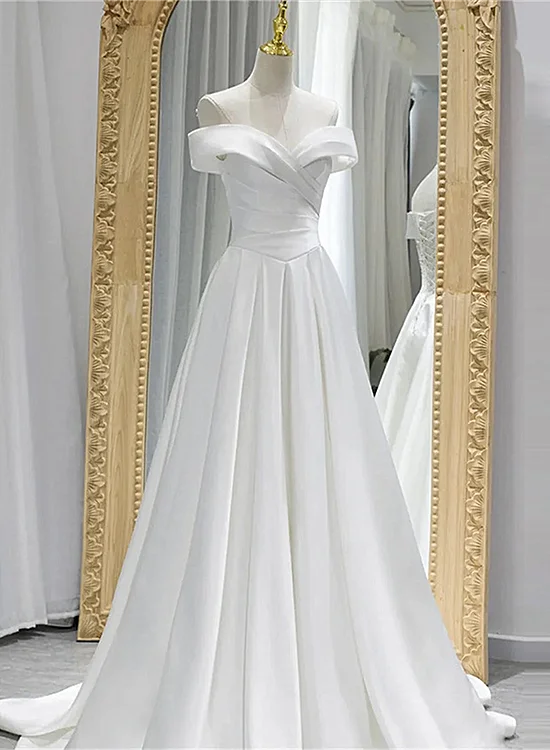 White Off Shoulder Satin Long Prom Dress, White Wedding Party Dresses Tunics Polka dots