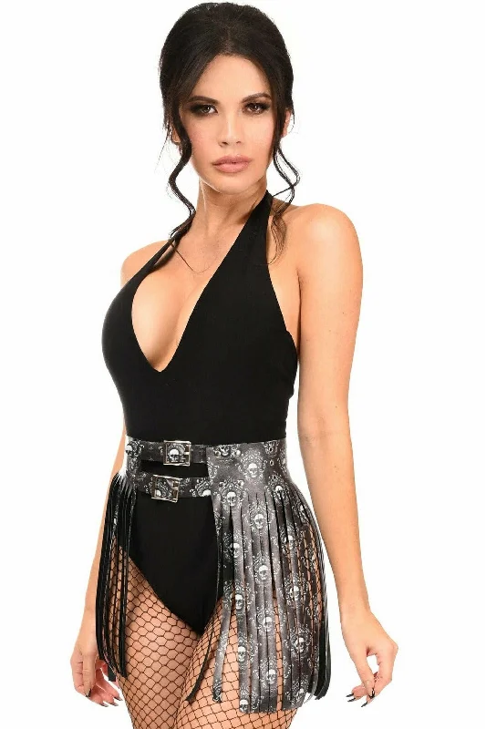 Black & White Skull Faux Leather Fringe Skirt corduroy skirt durable