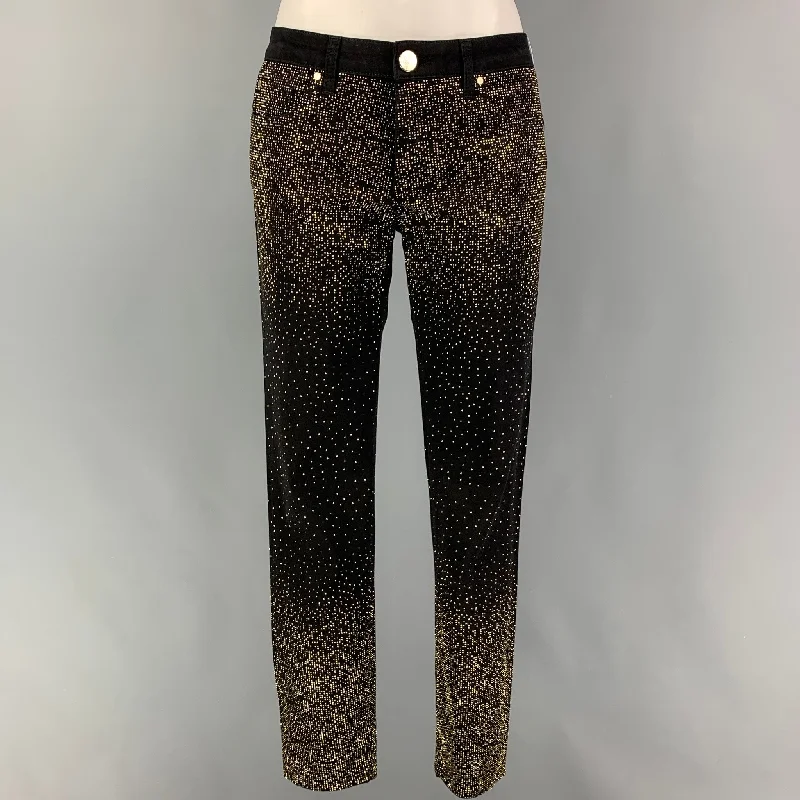 VERSACE COLLECTION Size 26 Black Gold Cotton Studded Dress Pants Comfy Zip-Up Pants