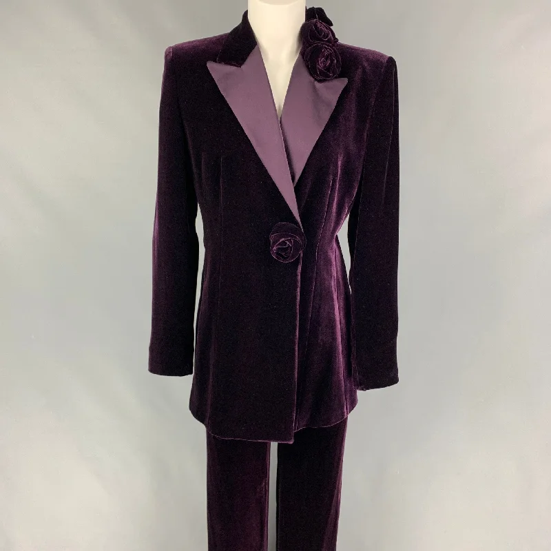 EMPORIO ARMANI Size 8 Purple Viscose Silk Velvet Peak Lapel Pants Suit Fashionable Tapered Leg Pants