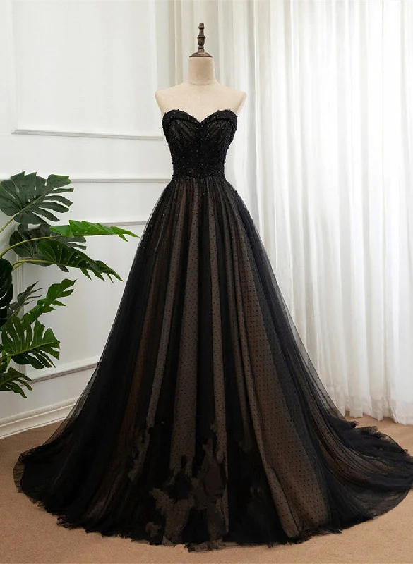 Black Beaded Tulle Sweetheart Long Party Dress, Tulle A-line Formal Dress Prom Dress Off-the-shoulder Chic Trendy