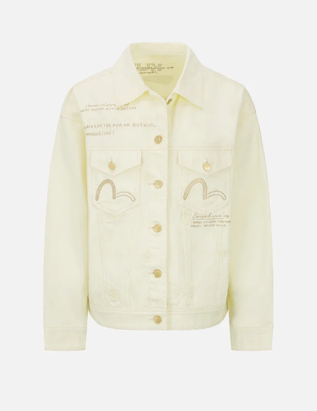 Allover Brand Elements Embroidery Denim Jacket A-Line Jacket Boat Neck Shawl Collar