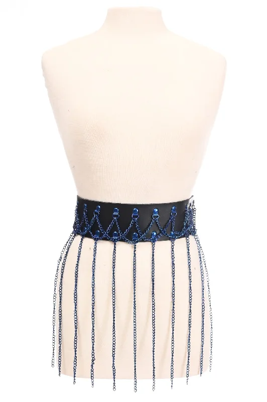 Black Faux Leather & Blue Metallic Chain Fringe Skirt silk skirt elegant