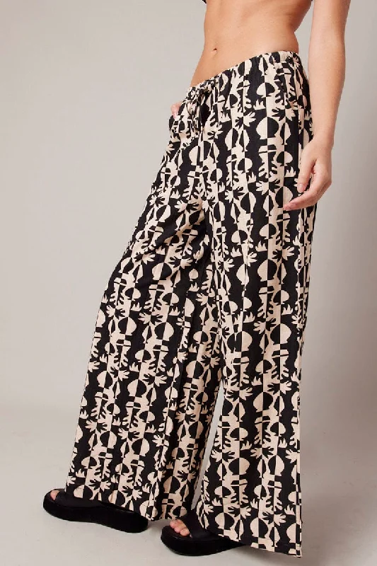 Black Abstract Wide Leg Pants High Rise Chic Wool Trousers
