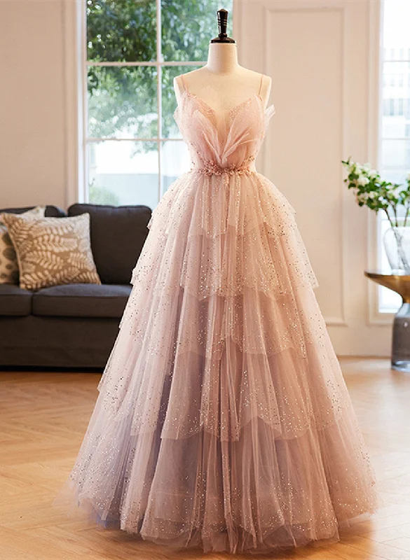 Glam Pink Tulle Straps Beaded Long Party Dress, A-line Pink Formal Dress Crew Neckline Casual