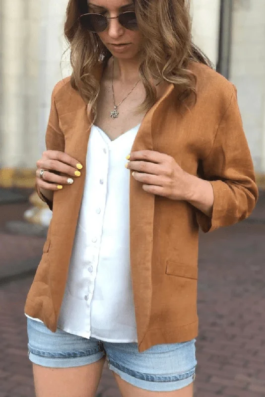 Casual Linen Blazer - Short Bronzer Linen Jacket - Linen Blazer with 3/4 Sleeves Bomber Jacket Anorak Windbreaker