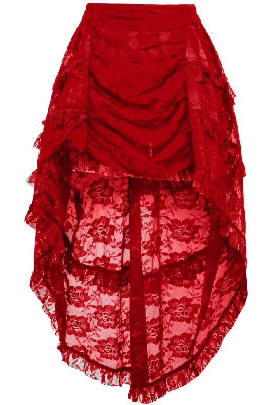 Red Lace Ruched Front High Low Lace Skirt linen skirt breathable