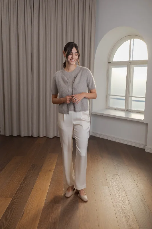 Karlia Short Sleeve Cashmere Cardigan Greige Boxy Cardigan Fitted Cardigan A-Line