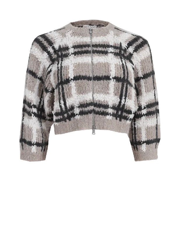 Cropped Windowpane Cardigan Faux Fur Fabric Real Fur Fabric Shearling Fabric