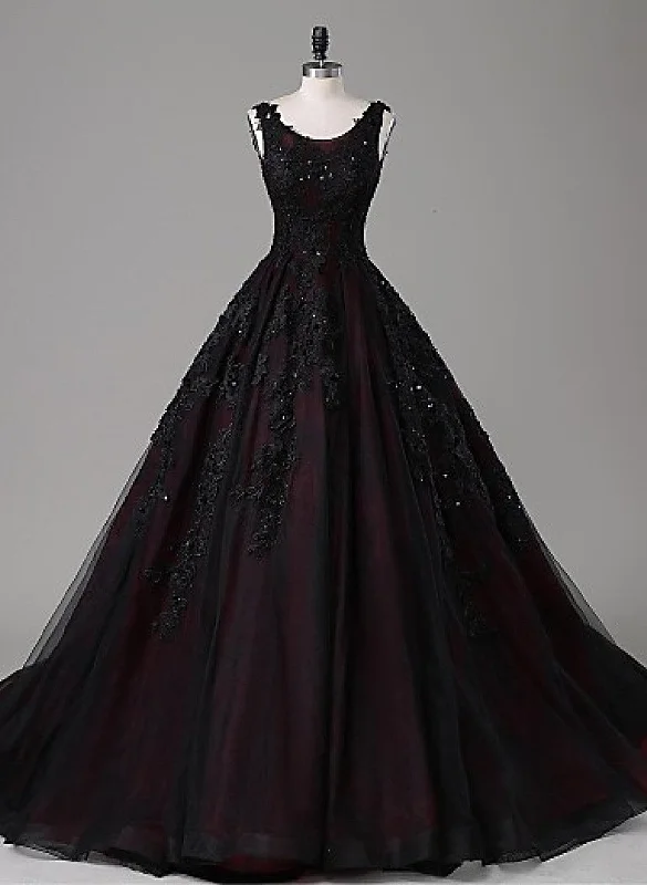 Black and Red Round Neckline Lace Wedding Party Dress, Black and Red Party Dress Off-the-shoulder Bohemian Festive