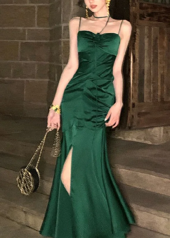 Green Spaghetti Straps Mermaid Satin Long Party Dress, DP2086 Tunics Luxurious premium