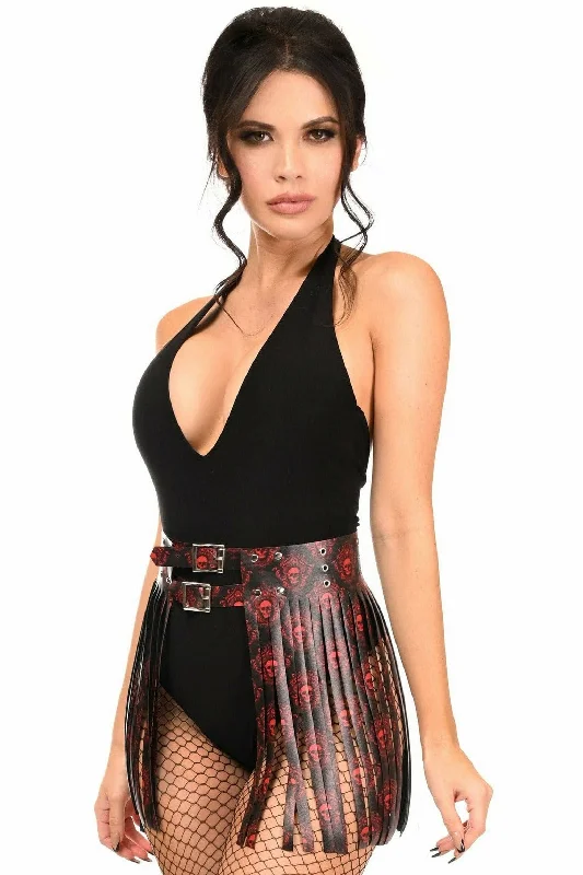 Black & Red Skull Faux Leather Fringe Skirt silk skirt luxurious