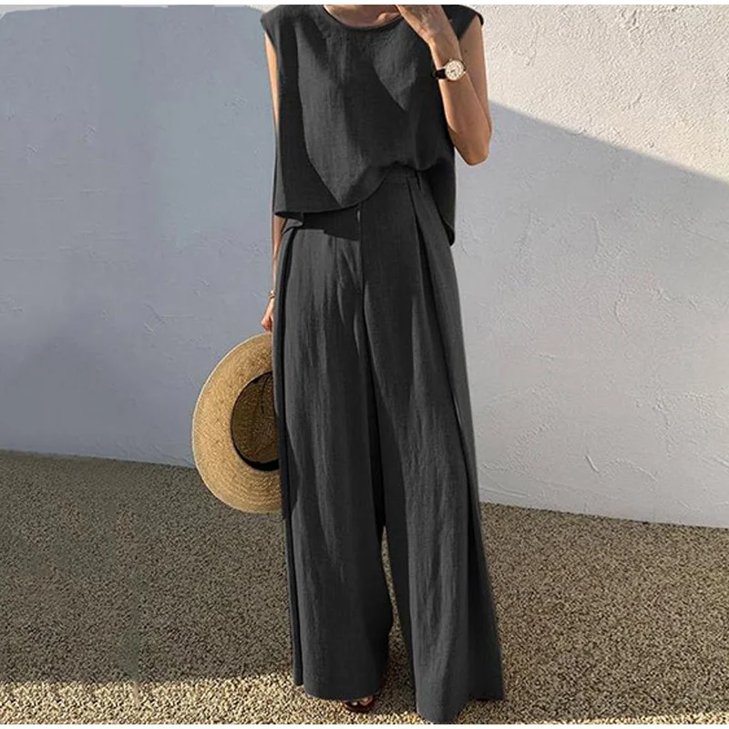 Summer Women Fashion Solid Color Sleeveless Elegant Top Loose Two-Piece Pants Sets Lightweight Jogger Pants