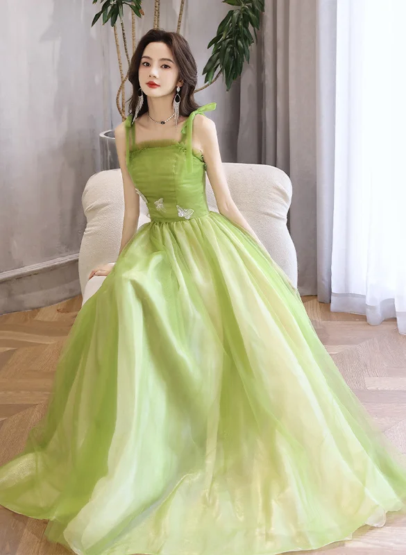 Light Green A-line Straps Tulle Long Party Dress, Light Green Tulle Prom Dress Cowl Neckline Elegant