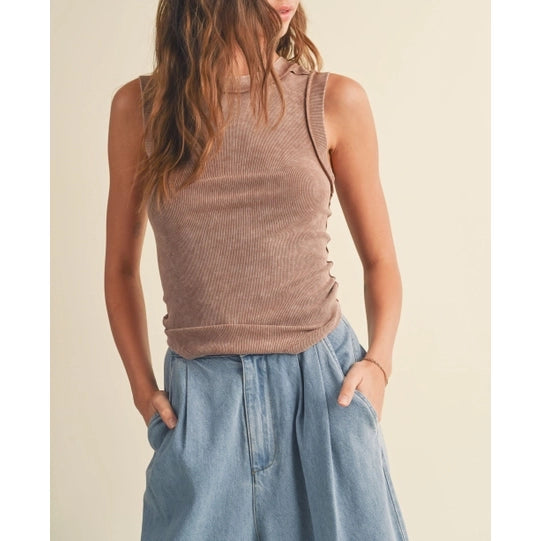 Miou Muse - Washed Color Ribbed Tank - Brown spandex blend tank