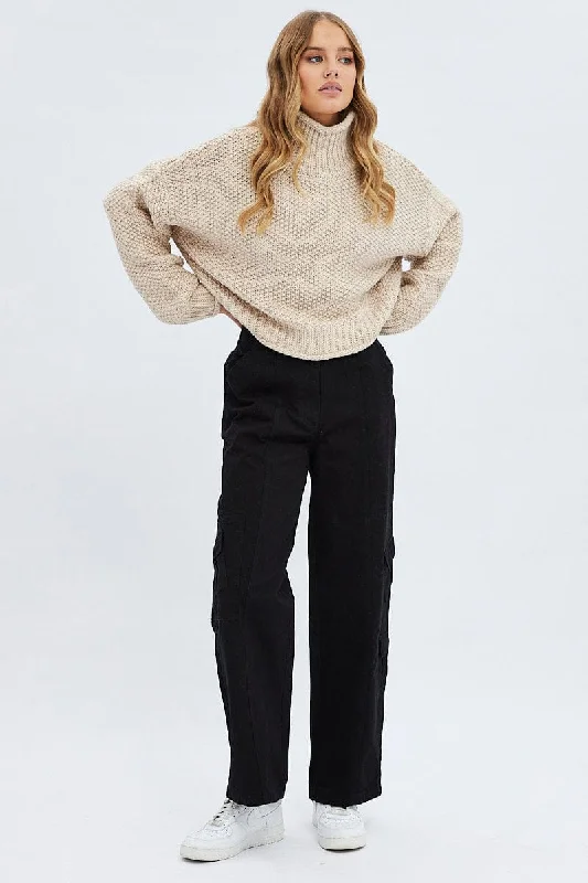 Black Cargo Pants Low Rise Stylish Elastic Waist Pants